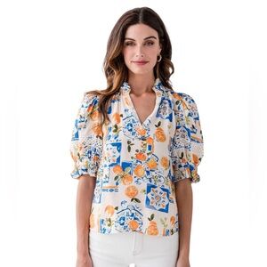 THML Lemons and Lattice Floral Print Puff Sleeve Blouse Size M